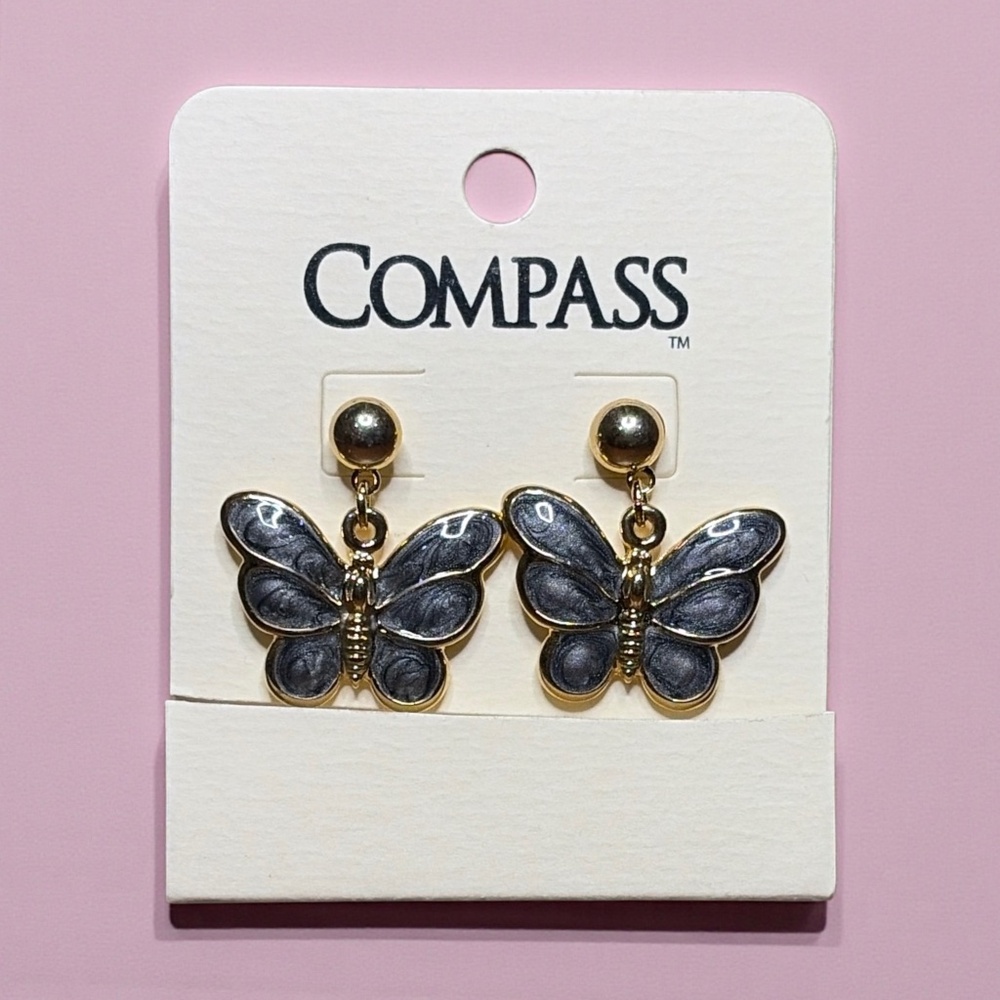 Gray Enamel and Goldtone Butterfly Stud Earrings that dangle - NEW